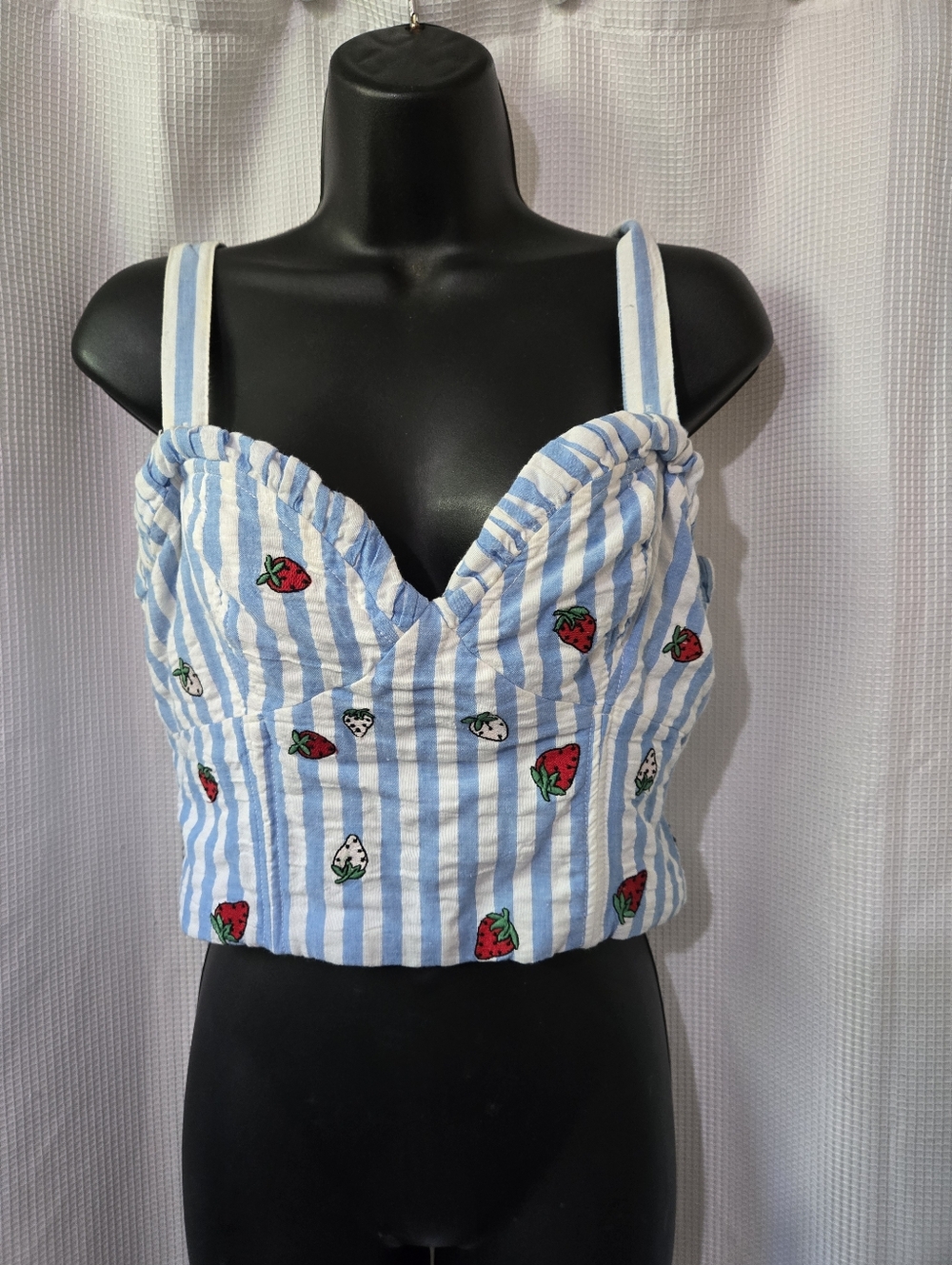 Anthropologie Blue & White Striped Strawberry Embroidered Crop Top